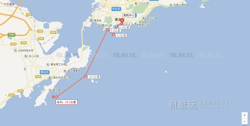 奧帆中心→五四廣場→音樂廣場→八大關→第一海水浴場→小青島→棧橋→西海岸→奧帆中心